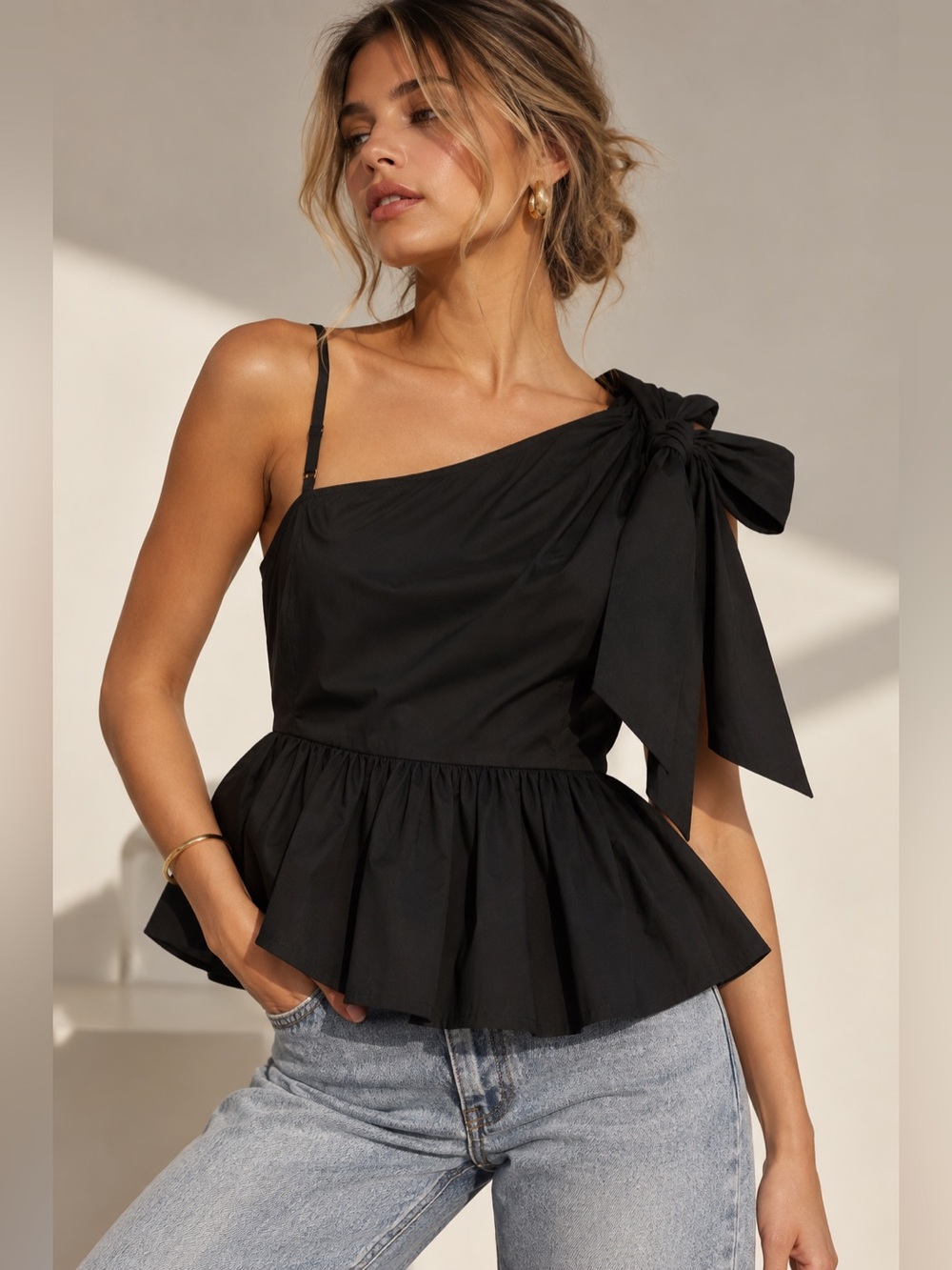 Who What Wear One-Shoulder Bow Poplin Peplum Top Black Size Medium